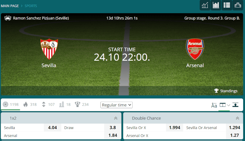 Football match between Sevilla and Arsenal at 22Bet Betting along with odds and betting market