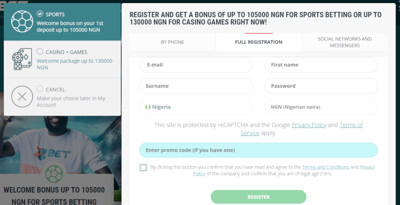 Full registration option at 22bet Nigeria