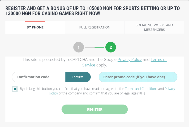 Option of registration by phone at 22bet Nigeria